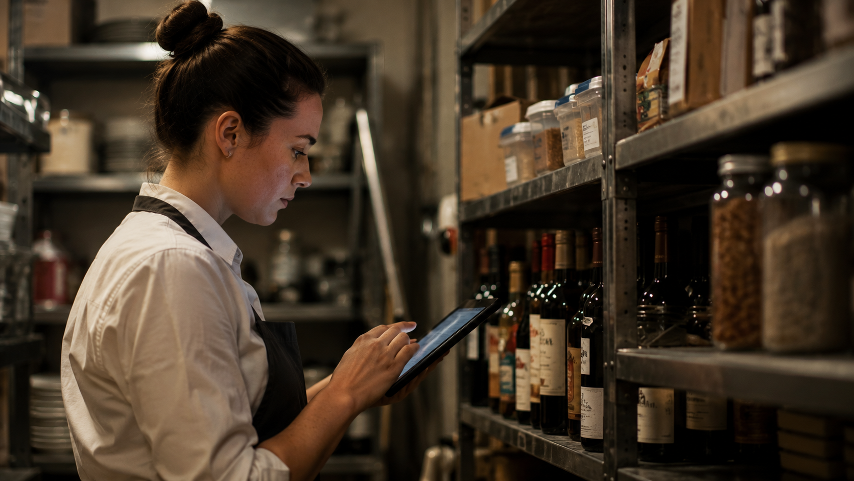 Kitchen team member completing a digital stocktake on a tablet
