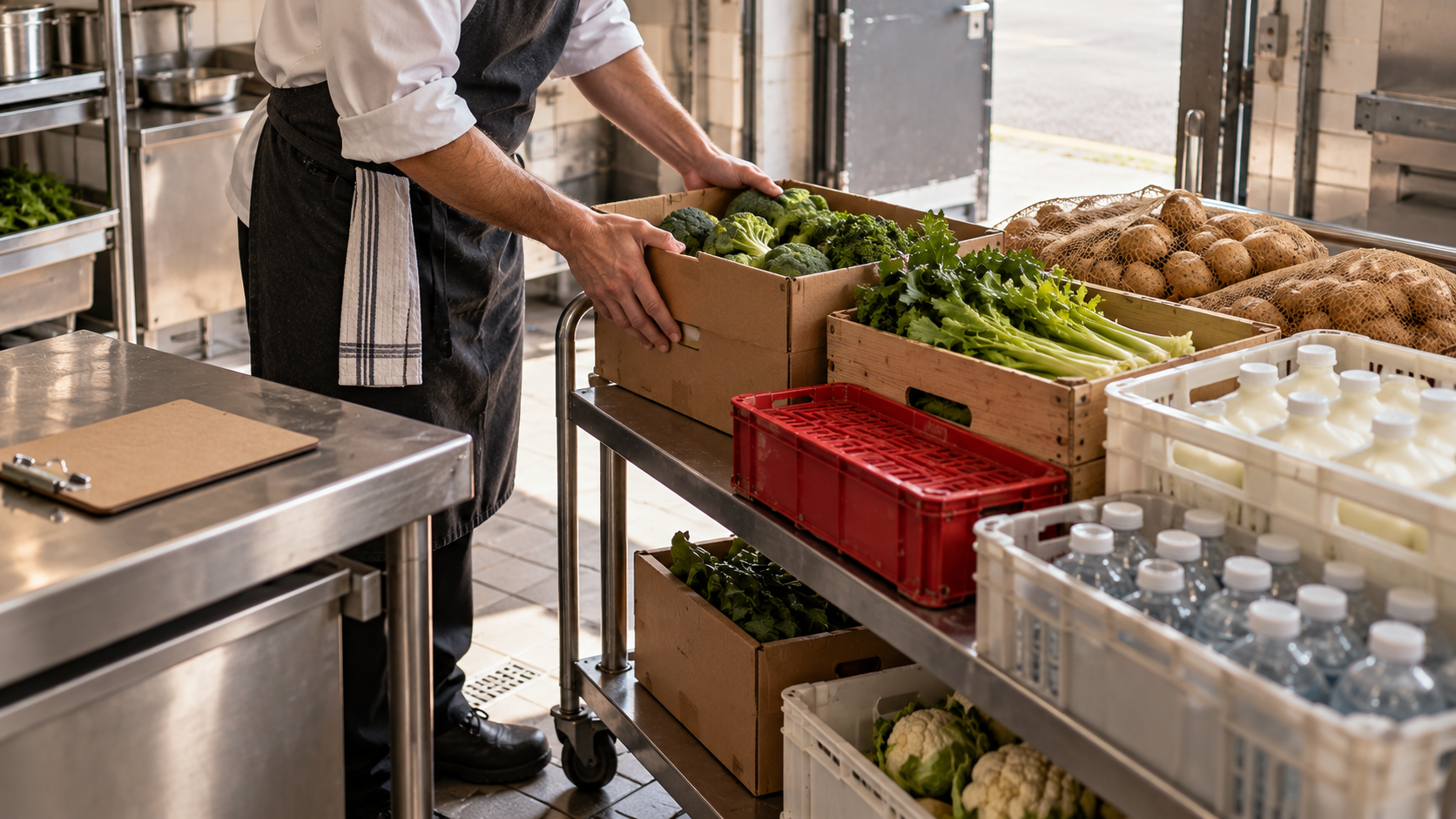 Kitchen team member counting delivered cases of produce on a trolley at the back door