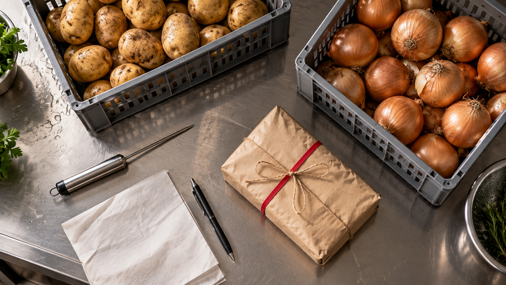 Crates of vegetables and a probe thermometer on a stainless steel kitchen receiving bench 