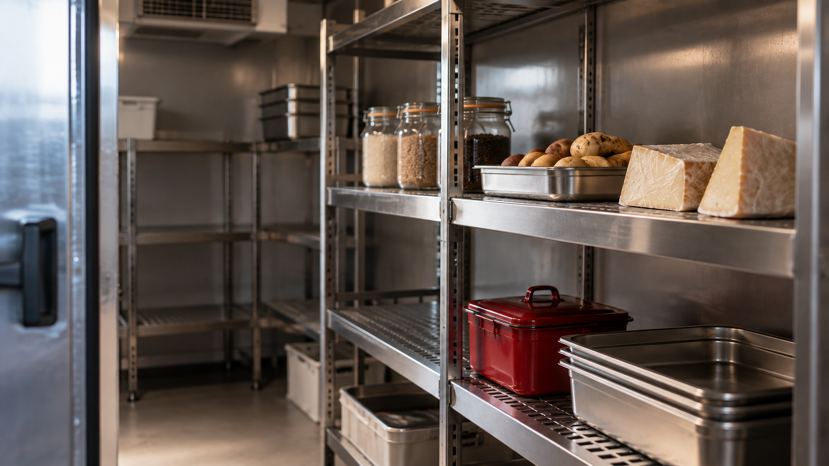 Mostly empty walk-in shelf in January after Christmas stock sold through 