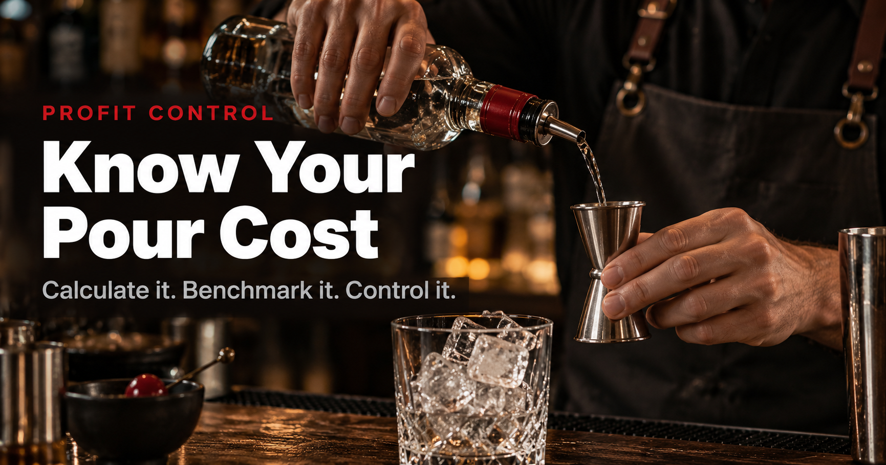 Bartender pouring a measured spirit at a UK bar counter