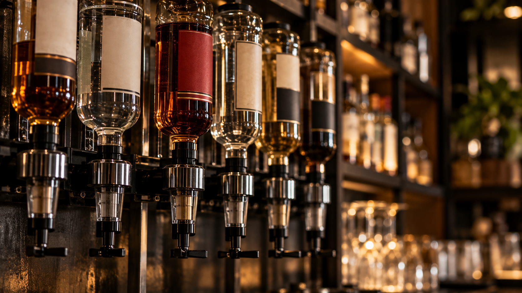 Close-up of spirit bottles on optics behind a UK bar