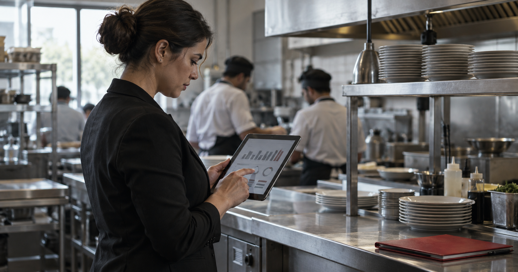 Operations manager reviewing multi-site restaurant inventory dashboard on a tablet