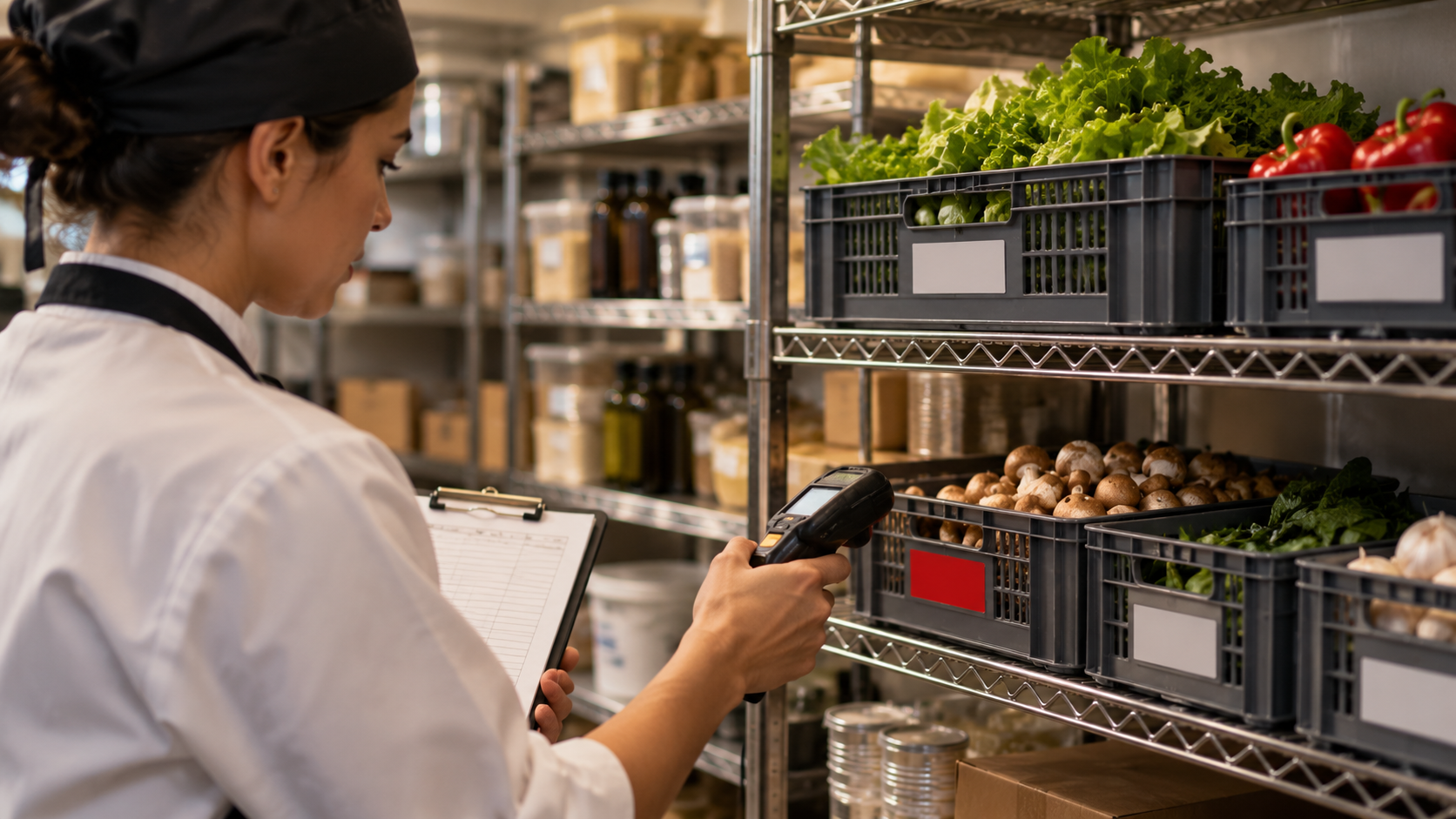 Staff member counting stock in a restaurant storeroom using a handheld device.