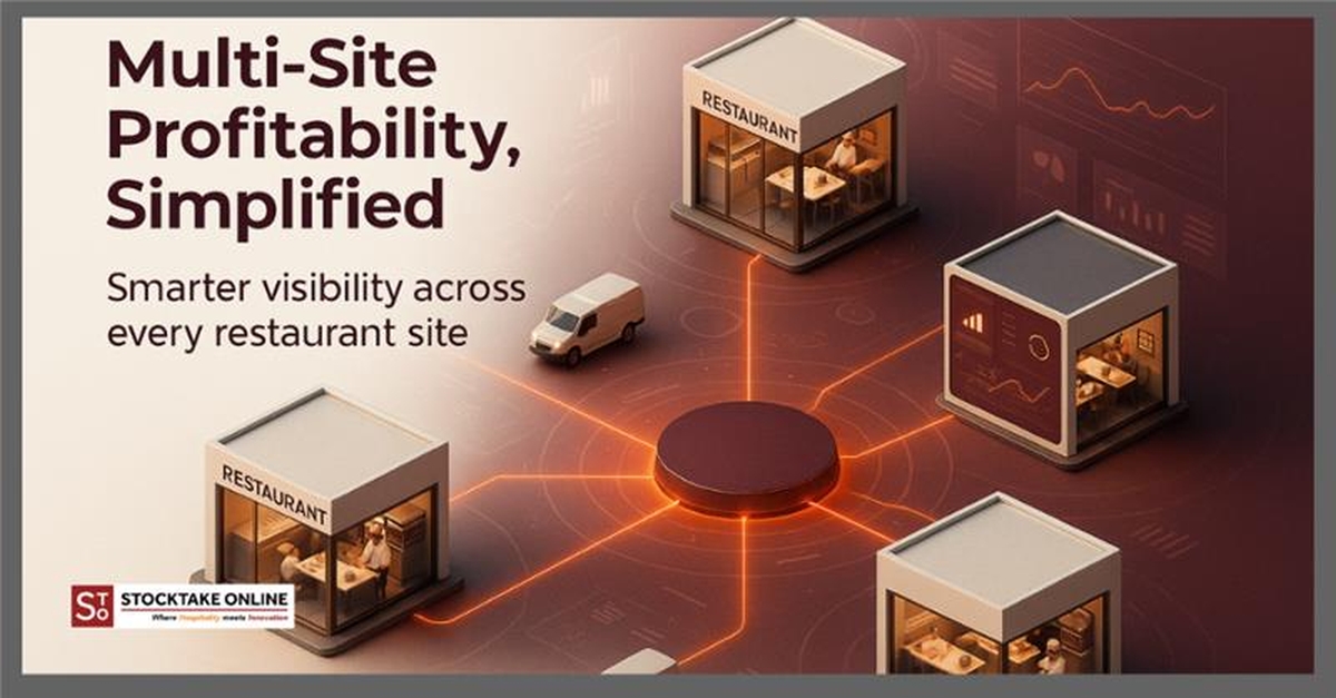 Illustration of multiple restaurant locations connected through a single digital inventory dashboard.