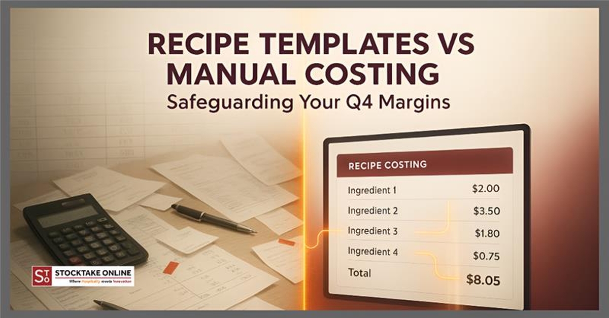 Chef reviewing digital recipe templates on a tablet showing live ingredient costs for a multi-site restaurant chain