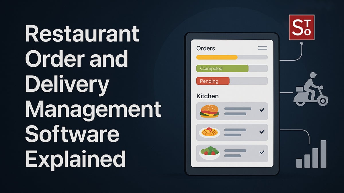 Restaurant order and delivery management software interface on screen with food items and delivery tracking