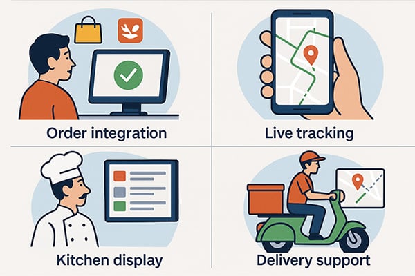 Illustration showing restaurant order integration, live tracking, kitchen display, and delivery support.