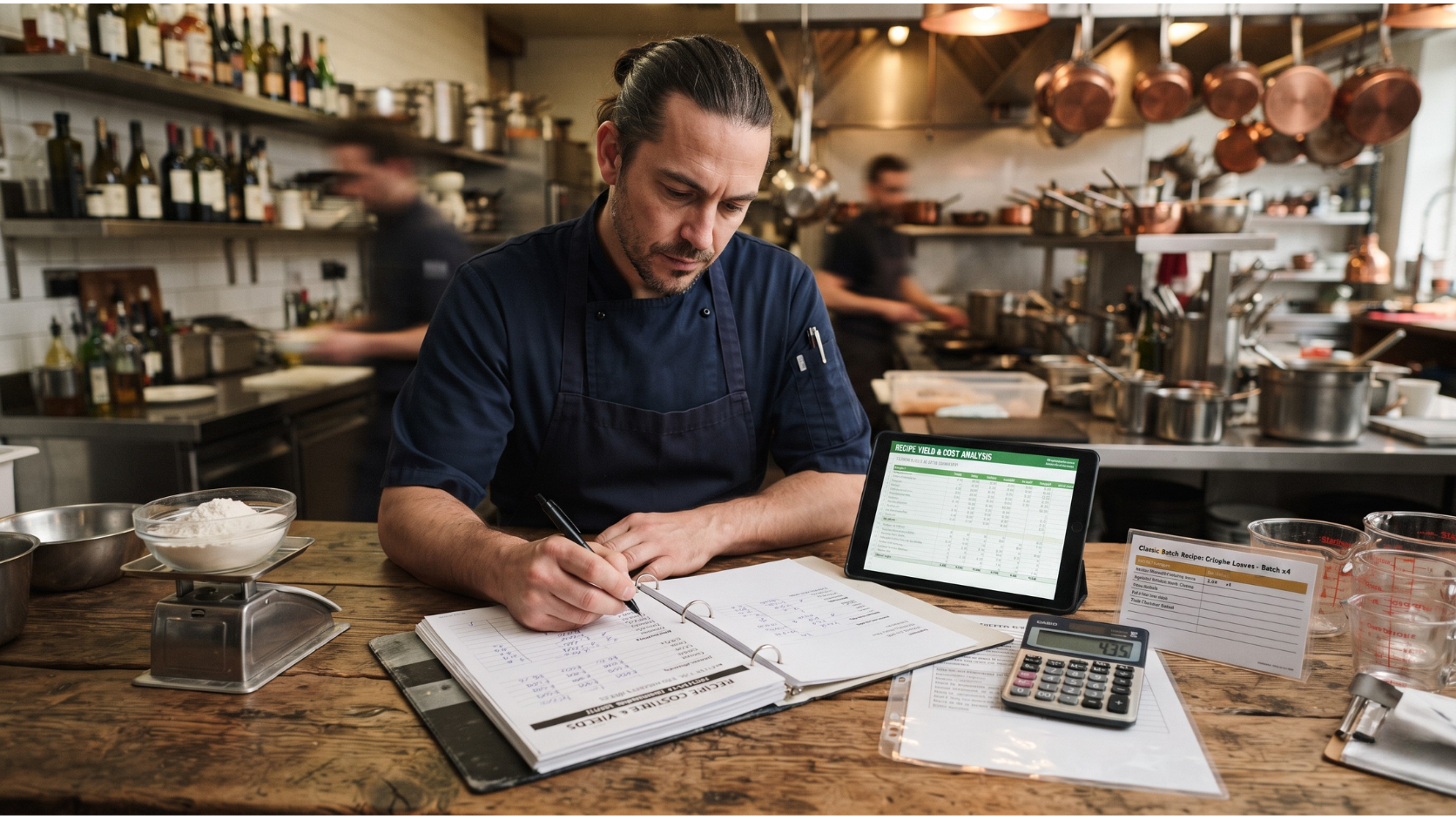 A high-quality culinary YouTube thumbnail showing a chef working with measurements and recipes to calculate food costs and yields, with the title text clearly overlaid above the scene.