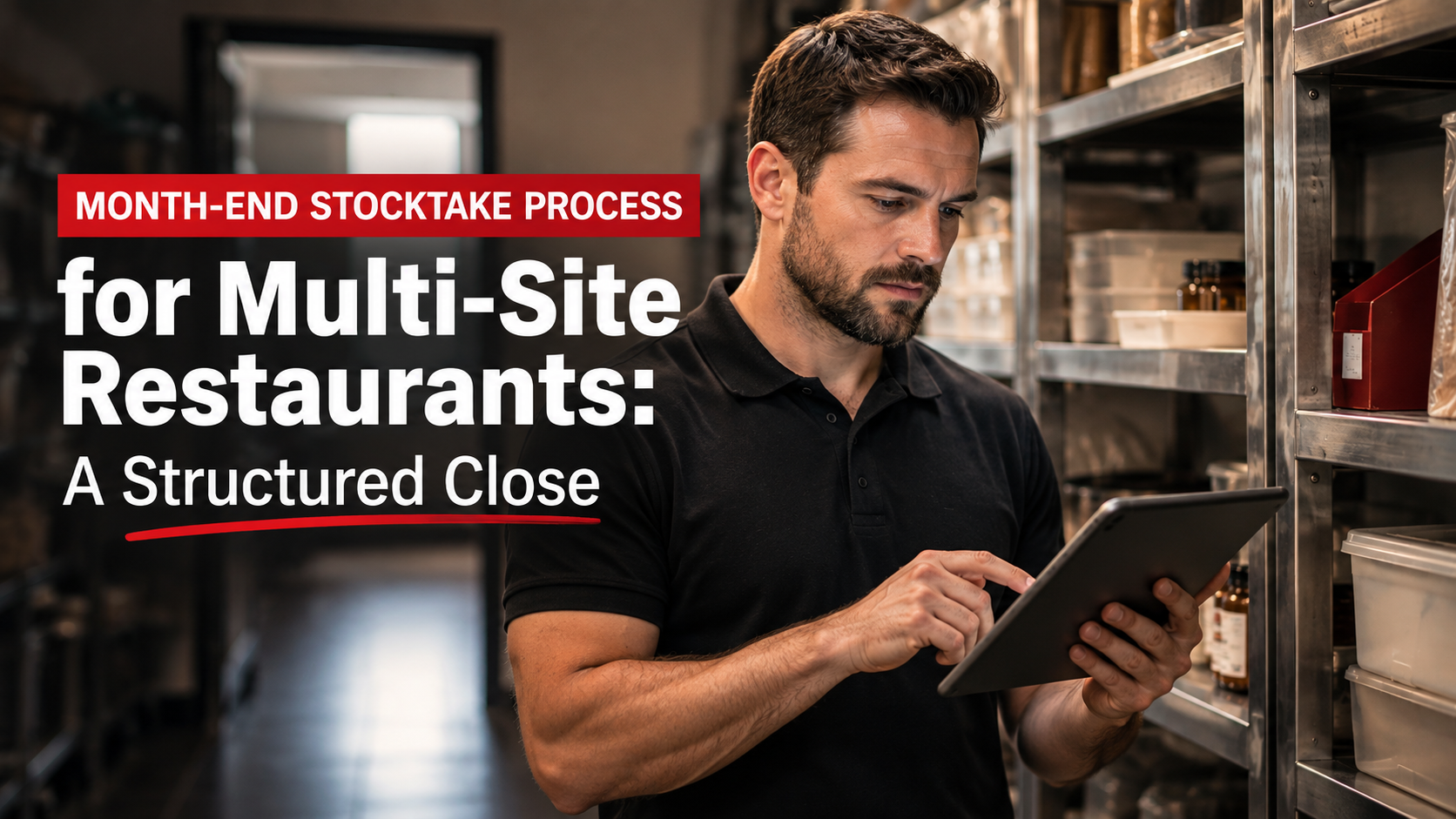 Operations manager reviewing a consolidated month-end stocktake report across multiple restaurant sites.