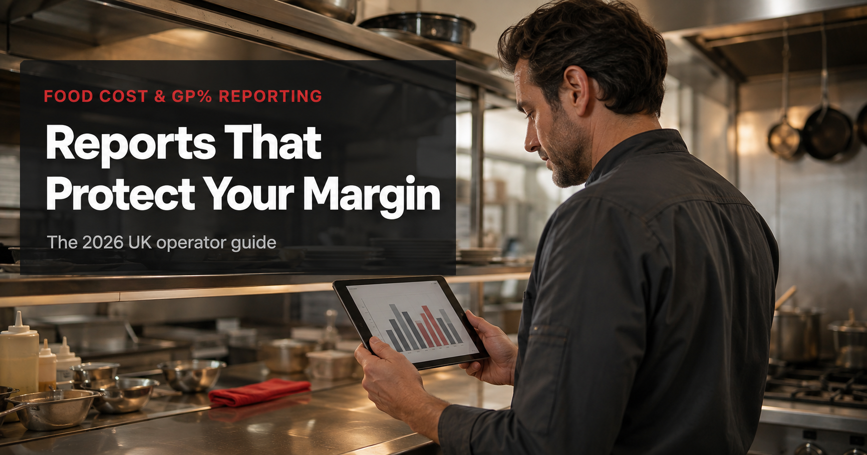 Restaurant manager reviewing food cost and GP% reports on a tablet in a kitchen.