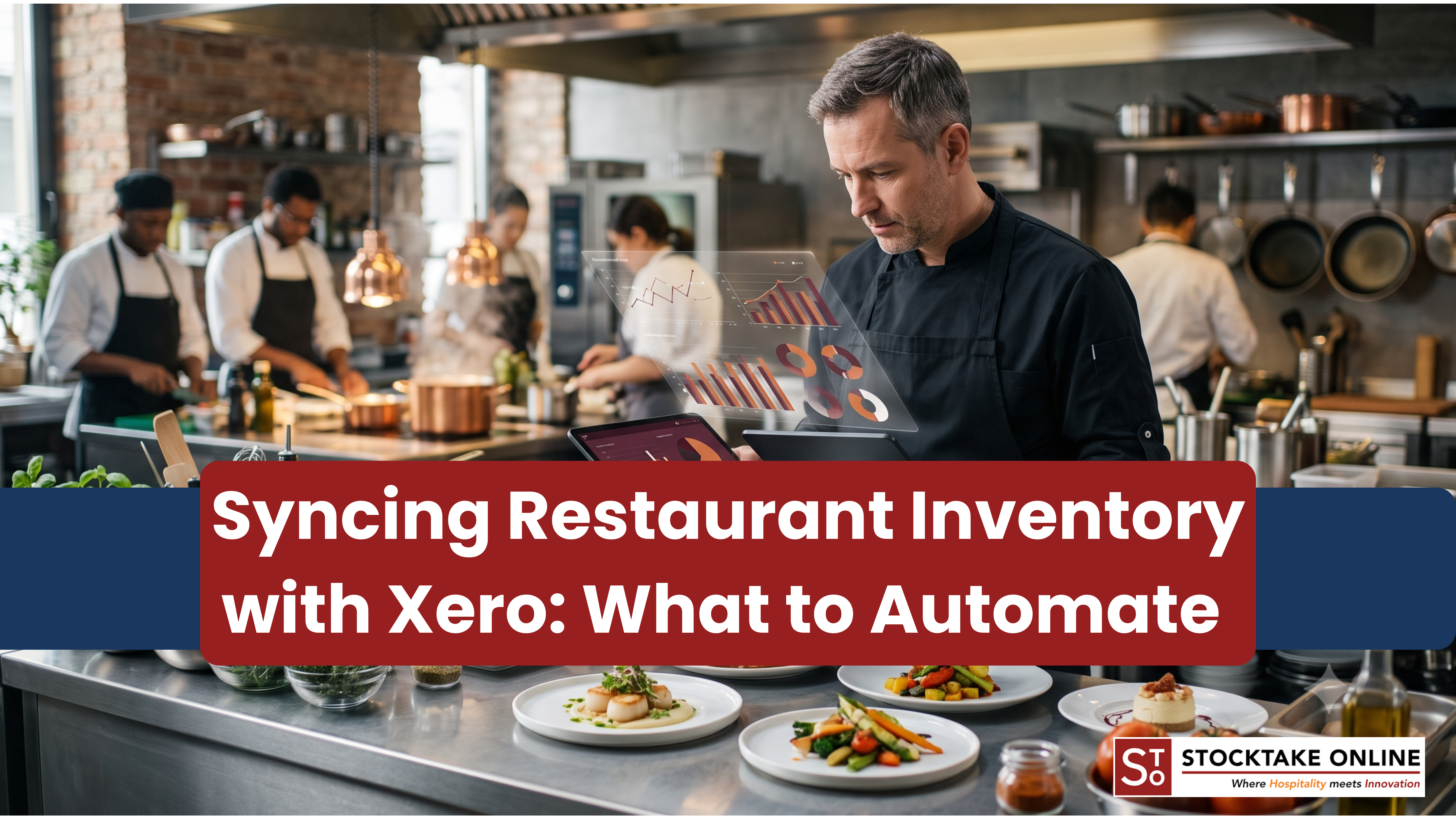 Restaurant manager reviewing synced inventory and Xero accounting data on a tablet