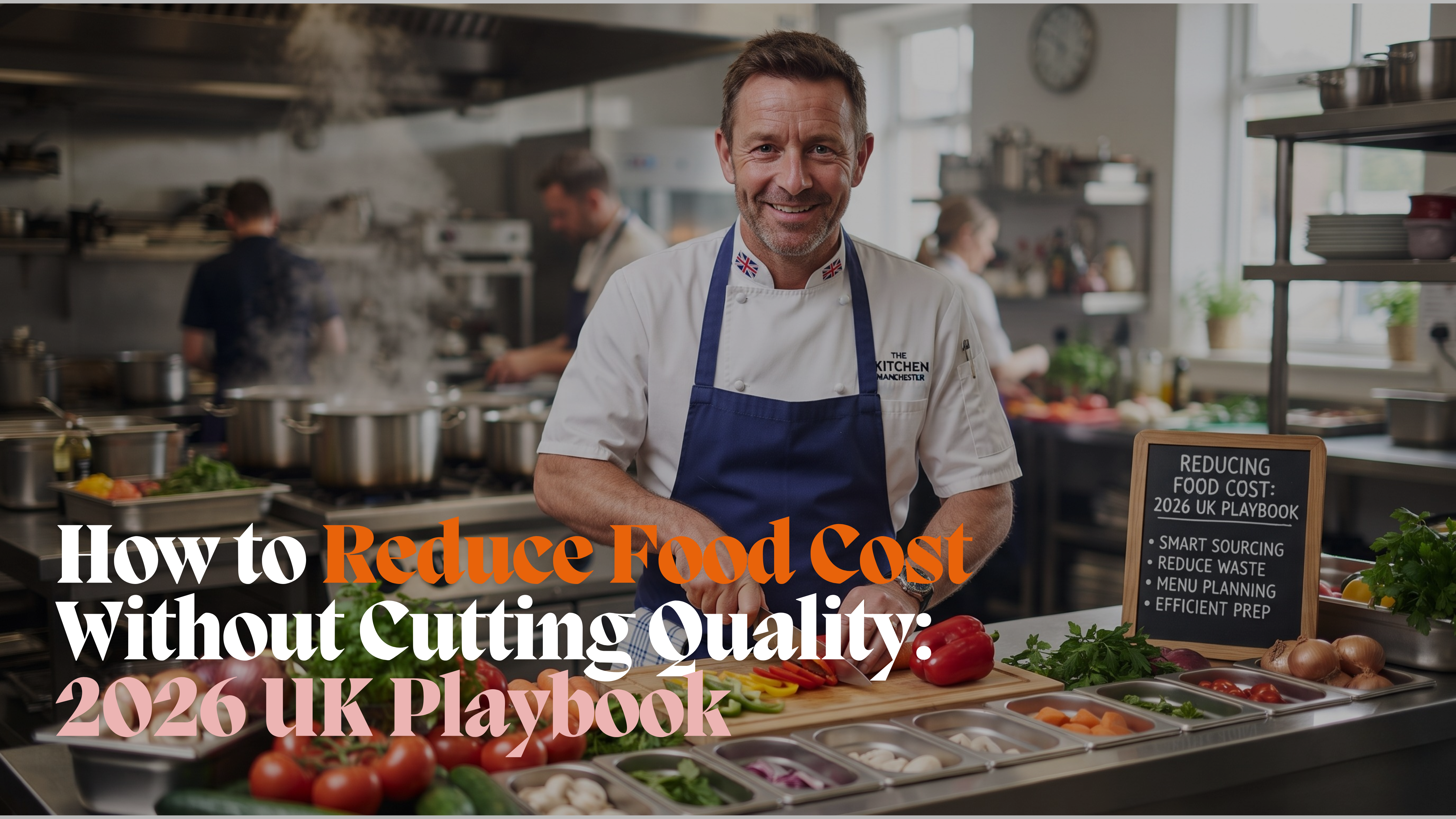 hef in professional kitchen slicing vegetables next to a chalkboard titled 