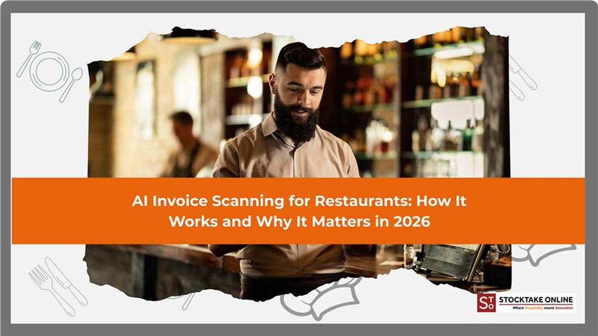 A kitchen manager using a mobile app to scan a paper supplier invoice into a cloud inventory system 