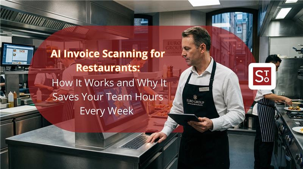 Restaurant manager using AI invoice scanning software on tablet during supplier delivery