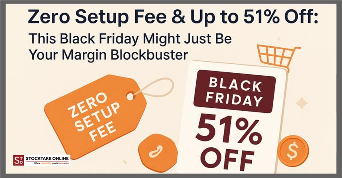 Black Friday restaurant inventory software offer with Stocktake Online dashboard displaying live stock control